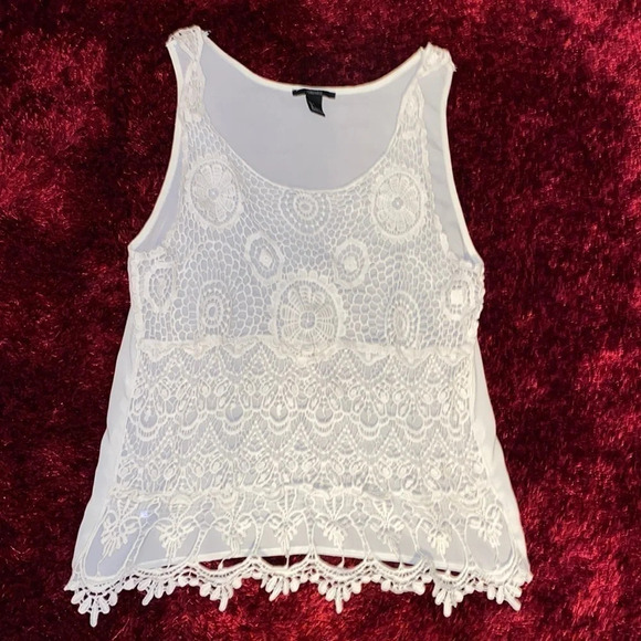 Forever 21 white Boho lace front sleeve less top blouse Sz L - Picture 3 of 10